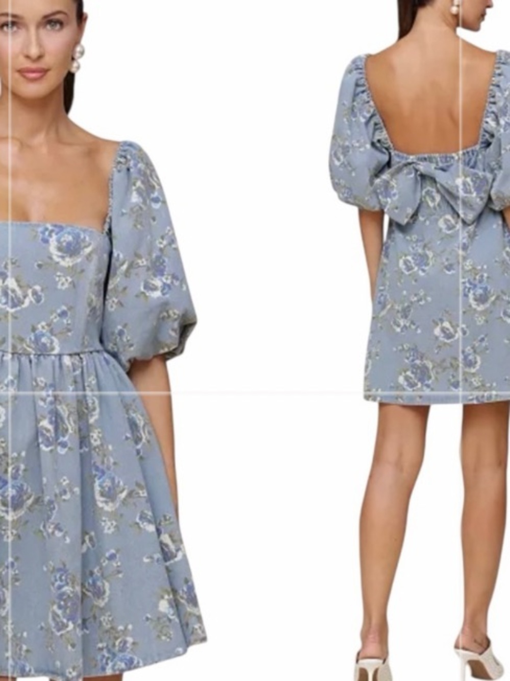 Avec Les Filles Blue Floral Babydoll Mini Dress Denim Look Puff Sleeve Bow Small